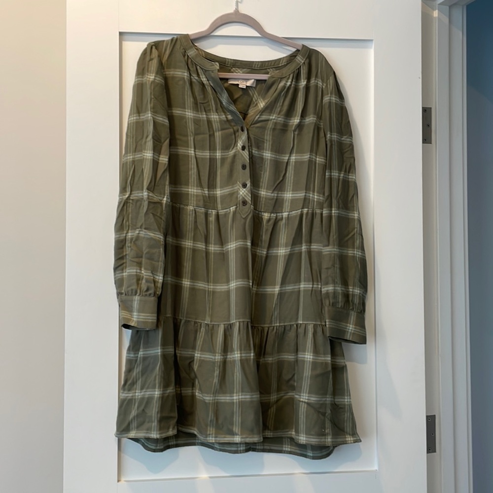 LOFT Olive Plaid Flannel Dress - large